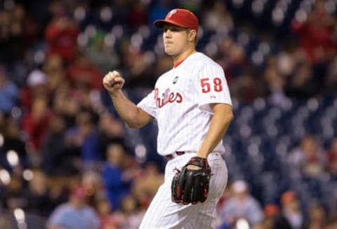 Apr 21, 2015; Philadelphia, PA, USA; Philadelphia Phillies relief pitcher Papelbon (58) reacts after recording the final out against the Miami Marlins at Citizens Bank Park. The Phillies won 7-3. Mandatory Credit: Bill Streicher-USA TODAY Sports