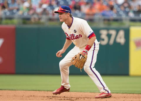 Jun 18, 2015; Philadelphia, PA, USA; Philadelphia Phillies second baseman Chase Utley (26) plays defense against the Baltimore Orioles at Citizens Bank Park. The Phillies won 2-1. Mandatory Credit: Bill Streicher-USA TODAY Sports