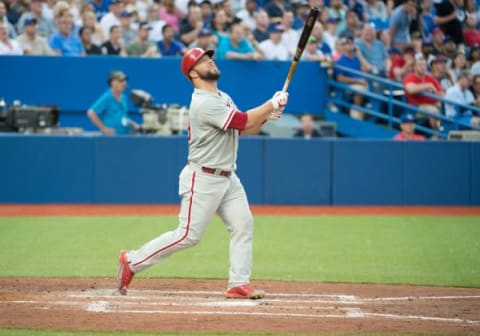 Jul 28, 2015; Toronto, Ontario, CAN; Philadelphia Phillies catcher Cameron Rupp (29) reacts to a hit during the third inning in a game against the Toronto Blue Jays at Rogers Centre. The Philadelphia Phillies won 3-2. Mandatory Credit: Nick Turchiaro-USA TODAY Sports