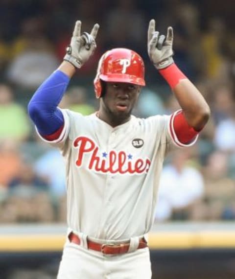 Aug 15, 2015; Milwaukee, WI, USA; Philadelphia Phillies center fielder Odubel Herrera (37) reacts after hitting a double in the first inning against the Milwaukee Brewers at Miller Park. Mandatory Credit: Benny Sieu-USA TODAY Sports