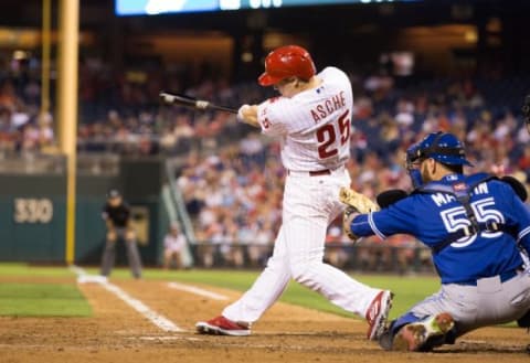 Pinch-hitter Cody Asche delivered a two-out, two-run walkoff home run in the bottom of the 9th inning on Saturday night, giving the Phillies a 7-5 victory over the Chicago Cubs. (Photo Credit: Bill Streicher-USA TODAY Sports from Aug 18, 2015)