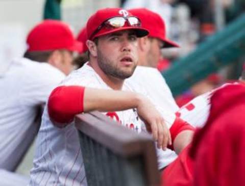 Apr 6, 2015; Philadelphia, PA, USA; Philadelphia Phillies first baseman Darin Ruf (18) in the dugout during a game against the Boston Red Sox on opening day at Citizens bank Park. The Red Sox won 8-0. Mandatory Credit: Bill Streicher-USA TODAY Sports