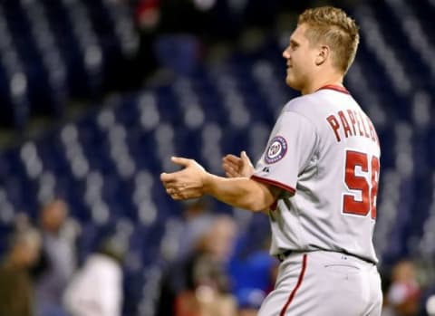 Sep 14, 2015; Philadelphia, PA, USA; Washington Nationals relief pitcher Jonathan Papelbon (58) celebrates after their win against the Philadelphia Phillies at Citizens Bank Park. The Nationals defeated the Phillies, 8-7 in 11 innings. Mandatory Credit: Eric Hartline-USA TODAY Sports