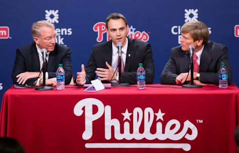 Oct 26, 2015; Philadelphia, PA, USA; Philadelphia Phillies president Andy MacPhail (L) and general manager Matt Klentak (M) and part owner John Middleton (R) during a press conference at Citizens Bank Park. Mandatory Credit: Bill Streicher-USA TODAY Sports