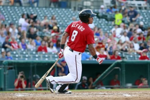 Aug 7, 2014; Frisco, TX, USA; Frisco Rough Riders designated hitter Jorge Alfaro (8) bats during the game against the Springfield Cardinals at Dr Pepper Ballpark. Springfield beat Frisco 2-1. Alfaro was one of 6 Rangers players traded to the Phillies in exchange for pitchers Cole Hamels and Jake Diekman on July 30, 2015. Mandatory Credit: Tim Heitman-USA TODAY Sports