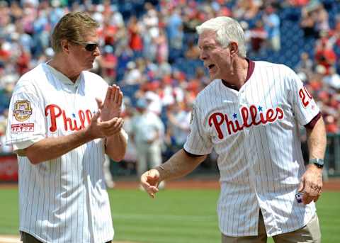 Aug 10, 2014; Philadelphia, PA, USA; Philadelphia Phillies and Hall of Fame members Carlton and Schmidt during Phillies alumni ceremony at Citizens Bank Park. The two HOFers played key roles in 1980 World Series Game Two. Photo Credit: Eric Hartline-USA TODAY Sports