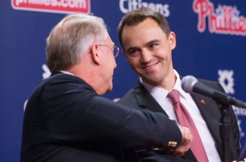 Oct 26, 2015; Philadelphia, PA, USA; Philadelphia Phillies president Andy MacPhail introduces new general manager Matt Klentak during a press conference at Citizens Bank Park. Mandatory Credit: Bill Streicher-USA TODAY Sports