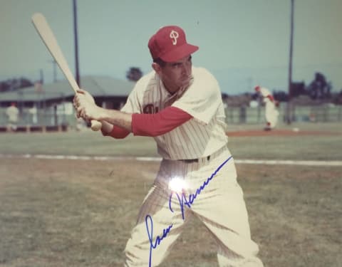 Hamner played in parts of 17 MLB seasons, 16 of those with the Phillies. He was the starting shortstop for the ‘Whiz Kids’ 1950 NL Pennant winners, and accumulated 1,518 of his 1,529 career hits with the Phils, good for 11th on the club all-time list. (Photo credit: buckscountybaseballco.com)