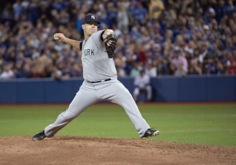 Sep 21, 2015; Toronto, Ontario, CAN; New York Yankees relief pitcher Bailey (38) throws a pitch during the seventh inning in a game against the Toronto Blue Jays at Rogers Centre. The Toronto Blue Jays won 4-2. (Photo Credit: Nick Turchiaro-USA TODAY Sports)