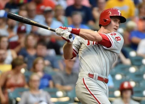 Aug 15, 2015; Milwaukee, WI, USA; Philadelphia Phillies second baseman Utley (26) hits a double in the fifth inning against the Milwaukee Brewers at Miller Park. (Photo Credit: Benny Sieu-USA TODAY Sports)