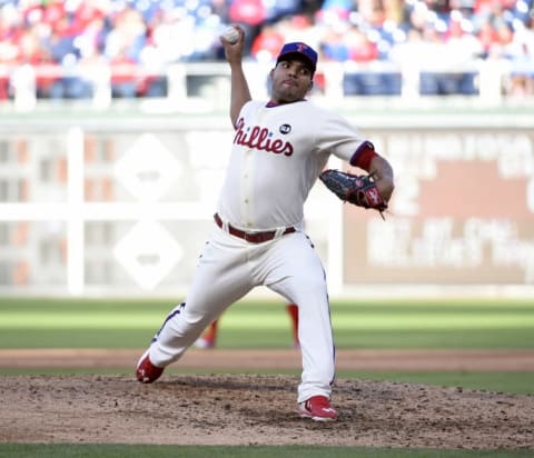 Oct 4, 2015; Philadelphia, PA, USA; Philadelphia Phillies relief pitcher Hinojosa (94) throws a pitch during the eighth inning against the Miami Marlins at Citizens Bank Park. The Phillies defeated the Marlins, 7-2. (Photo Credit: Eric Hartline-USA TODAY Sports)