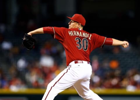 Jul 22, 2015; Phoenix, AZ, USA; Former Arizona Diamondbacks pitcher David Hernandez against the Miami Marlins at Chase Field during the 2015 season. Hernandez is now a leading Phillies closer option. (Photo Credit: Mark J. Rebilas-USA TODAY Sports)