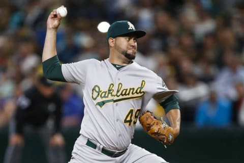 Aug 24, 2015; Seattle, WA, USA; Oakland Athletics pitcher Mujica (49) throws against the Seattle Mariners during the sixth inning at Safeco Field. (Photo Credit: Joe Nicholson-USA TODAY Sports)