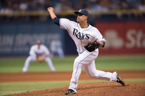 Apr 25, 2015; St. Petersburg, FL, USA; Tampa Bay Rays relief pitcher Frieri (43) pitches in the eighth inning against the Toronto Blue Jays at Tropicana Field. (Photo Credit: Jeff Griffith-USA TODAY Sports)