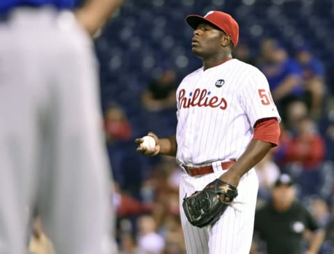 Aug 27, 2015; Philadelphia, PA, USA; Philadelphia Phillies relief pitcher Neris (50) reacts after allowing a 2 run double during the thirteenth inning against the New York Mets at Citizens Bank Park. The Mets defeated the Phillies, 9-5 in 13 innings. (Photo Credit: Eric Hartline-USA TODAY Sports)