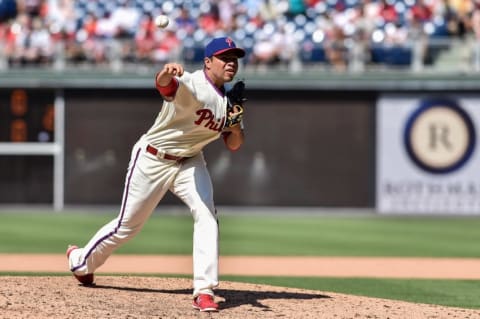 Aug 2, 2015; Philadelphia, PA, USA; Philadelphia Phillies relief pitcher Gomez (46) pitches during the seventh inning of the game at Citizens Bank Park. The Atlanta Braves won the game 6-2. (Photo Credit: John Geliebter-USA TODAY Sports)