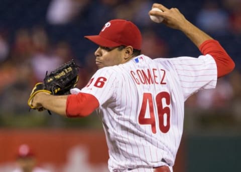 Jun 26, 2015; Philadelphia, PA, USA; Philadelphia Phillies relief pitcher Jeanmar Gomez (46) pitches against the Washington Nationals during the seventh inning at Citizens Bank Park. The Nationals won 5-2. Mandatory Credit: Bill Streicher-USA TODAY Sports