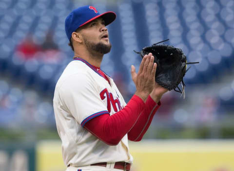 Oct 1, 2015; Philadelphia, PA, USA; Philadelphia Phillies relief pitcher Garcia (57) reacts after a double play to end the game against the New York Mets at Citizens Bank Park. The Phillies won 3-0. (Photo Credit: Bill Streicher-USA TODAY Sports)