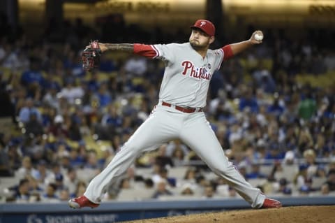 Jul 9, 2015; Los Angeles, CA, USA; Philadelphia Phillies relief pitcher Araujo (59) works against the Los Angeles Dodgers in the sixth inning at Dodger Stadium. (Photo Credit: Richard Mackson-USA TODAY Sports)