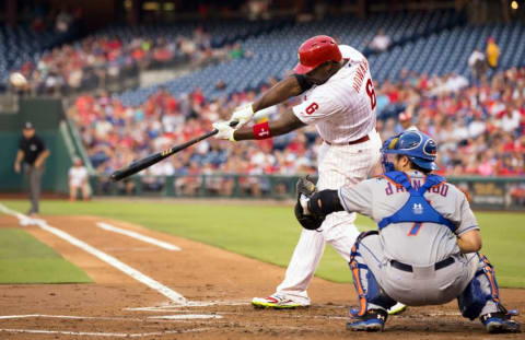 Aug 24, 2015; Philadelphia, PA, USA; Philadelphia Phillies first baseman Howard (6) hits a three RBI home run during the first inning against the New York Mets at Citizens Bank Park. (Photo Credit: Bill Streicher-USA TODAY Sports)