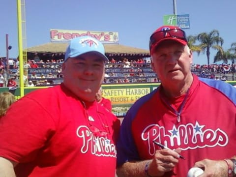 With “Frenchy’s” in the background at Bright House Field, our esteemed Editor meets with then Phils’s skipper Charlie Manuel at 2011 spring training. (Photo Credit: TBOH Editor Matt Veasey)