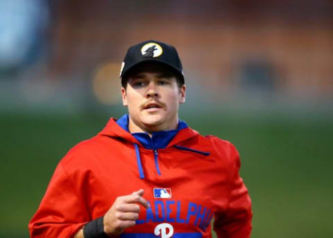 Nov 7, 2015; Phoenix, AZ, USA; Philadelphia Phillies catcher Andrew Knapp during the Arizona Fall League Fall Stars game at Salt River Fields. Mandatory Credit: Mark J. Rebilas-USA TODAY Sports