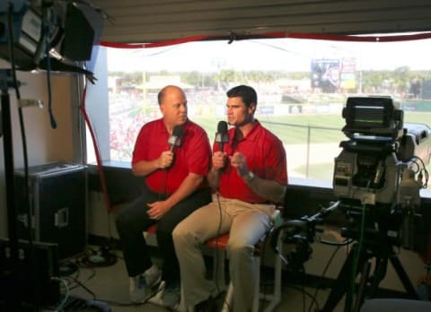 Mar 10, 2015; Clearwater, FL, USA; Philadelphia Phillies broadcasters Tom McCarthy (left) and Ben Davis on the air before a spring training baseball game against the Detroit Tigers at Bright House Field. Mandatory Credit: Reinhold Matay-USA TODAY Sports