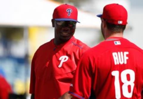 Mar 4, 2015; Tampa, FL, USA; Philadelphia Phillies first baseman Ryan Howard (6) and first baseman Darin Ruf (18) talk before a spring training baseball game at George M. Steinbrenner Field. Mandatory Credit: Kim Klement-USA TODAY Sports