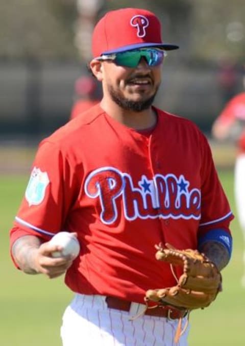 Feb 20, 2016; Clearwater, FL, USA; Philadelphia Phillies infielder Galvis (13) throws during the workout at Bright House Field. (Photo Credit: Jonathan Dyer-USA TODAY Sports)