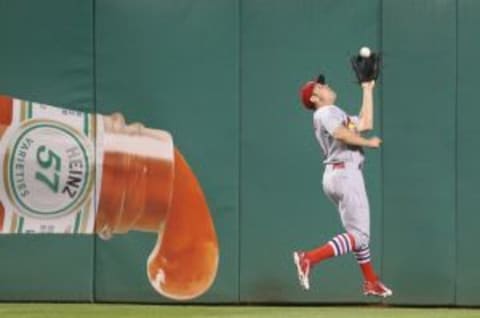 Jul 9, 2015; Pittsburgh, PA, USA; Bourjos (8) makes a catch at the wall during a 2015 game. (Photo Credit: Charles LeClaire-USA TODAY Sports)