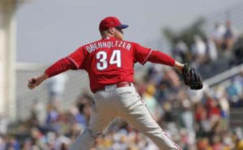 Mar 7, 2016; Bradenton, FL, USA; Philadelphia Phillies starting pitcher Brett Oberholtzer (34) throws during the fifth inning of a spring training baseball game against the Pittsburgh Pirates at McKechnie Field. Mandatory Credit: Reinhold Matay-USA TODAY Sports