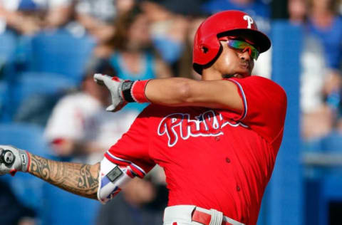 Mar 5, 2016; Dunedin, FL, USA; Philadelphia Phillies shortstop J.P. Crawford (77) bats against the Toronto Blue Jays during the eighth inning at Florida Auto Exchange Park. Mandatory Credit: Butch Dill-USA TODAY Sports