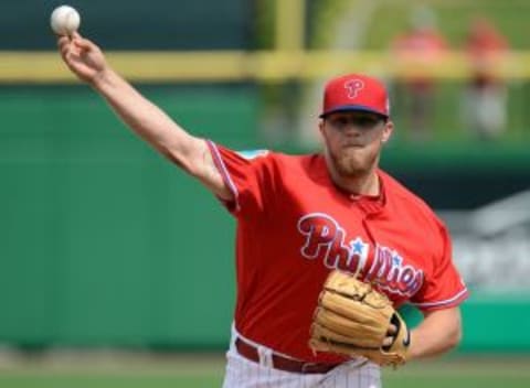 Mar 3, 2016; Clearwater, FL, USA; Philadelphia Phillies starting pitcher Thompson (75) warms up before the start of the spring training game against the Houston Astros at Bright House Field. Photo Credit: Jonathan Dyer-USA TODAY Sports