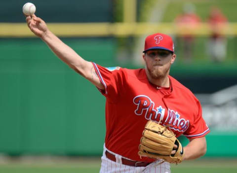 Mar 3, 2016; Clearwater, FL, USA; Philadelphia Phillies starting pitcher Jake Thompson (75) warms up before the start of the spring training game against the Houston Astros at Bright House Field. Mandatory Credit: Jonathan Dyer-USA TODAY Sports