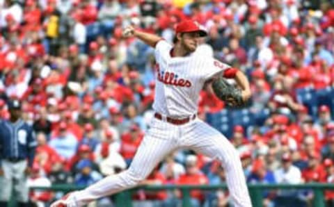 Apr 11, 2016; Philadelphia, PA, USA; Philadelphia Phillies starting pitcher Nola (27) throws a pitch during the first inning against the San Diego Padres at Citizens Bank Park. (Photo Credit: Eric Hartline-USA TODAY Sports)