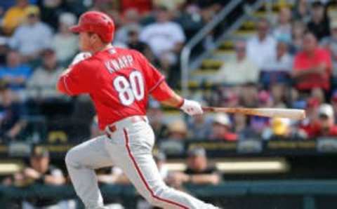 Mar 7, 2016; Bradenton, FL, USA; Philadelphia Phillies catcher Andrew Knapp (80) bats during the seventh inning of a spring training baseball game against the Pittsburgh Pirates at McKechnie Field. The Phillies won 1-0. Mandatory Credit: Reinhold Matay-USA TODAY Sports