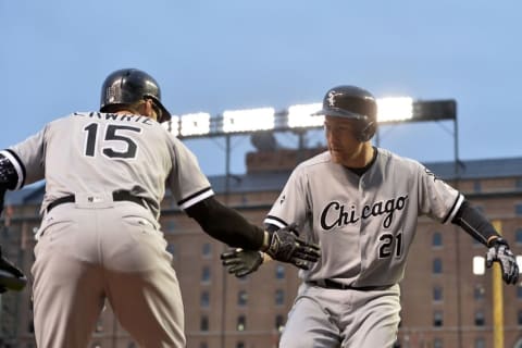 Apr 28, 2016; Baltimore, MD, USA; Chicago White Sox third baseman razier (21) celebrates with second baseman Lawrie (15) after hitting a two run home run during the first inning against the Baltimore Orioles at Oriole Park at Camden Yards. (Photo Credit: Tommy Gilligan-USA TODAY Sports)