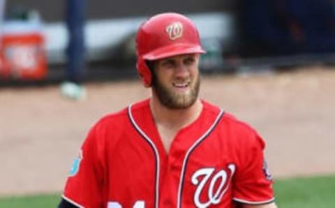 Mar 21, 2016; Melbourne, FL, USA; Washington Nationals right fielder Harper (34) reacts after a pitch in the third inning against the Houston Astros at Space Coast Stadium. The Washington Nationals won 5-3. (Photo Credit: Logan Bowles-USA TODAY Sports)