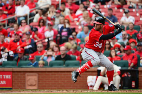 Apr 30, 2016; St. Louis, MO, USA; Washington Nationals right fielder Harper (34) bats during the fifth inning against the St. Louis Cardinals at Busch Stadium. The Nationals won 6-1. (Photo Credit: Jeff Curry-USA TODAY Sports)