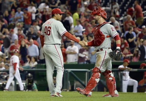 Apr 26, 2016; Washington, DC, USA; Philadelphia Phillies relief pitcher Gomez (46) celebrates with catcher Rupp (29) on the field after defeating Washington Nationals 4-3 at Nationals Park. (Phillies Credit: Tommy Gilligan-USA TODAY Sports)