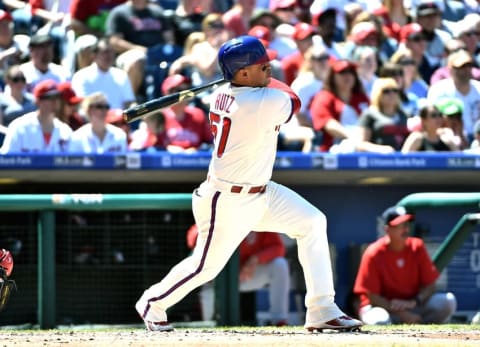 Apr 17, 2016; Philadelphia, PA, USA; Philadelphia Phillies catcher Ruiz (51) watches his home run during the second inning against the Washington Nationals at Citizens Bank Park. (Photo Credit: Eric Hartline-USA TODAY Sports)