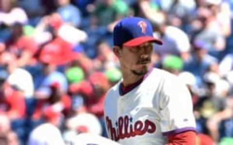 Apr 17, 2016; Philadelphia, PA, USA; Philadelphia Phillies starting pitcher Morton (47) throws a pitch during the first inning against the Washington Nationals at Citizens Bank Park. (Photo Credit: Eric Hartline-USA TODAY Sports)