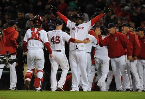 Apr 29, 2016; Boston, MA, USA; Boston Red Sox designated hitter Ortiz (34) reacts with relief pitcher Kimbrel (46) after defeating the New York Yankees at Fenway Park. (Photo Credit: Bob DeChiara-USA TODAY Sports)