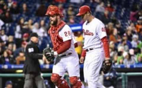 Apr 13, 2016; Philadelphia, PA, USA; Philadelphia Phillies catcher Rupp (29) and starting pitcher Eickhoff (48) walk off the field after the seventh inning at Citizens Bank Park. The Phillies defeated the Padres, 2-1. (Photo Credit: Eric Hartline-USA TODAY Sports)