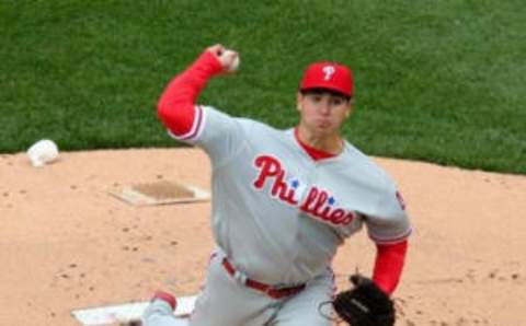 Apr 8, 2016; New York City, NY, USA; Philadelphia Phillies starting pitcher Eickhoff (48) pitches against the New York Mets during the first inning at Citi Field. (Photo Credit: Brad Penner-USA TODAY Sports)