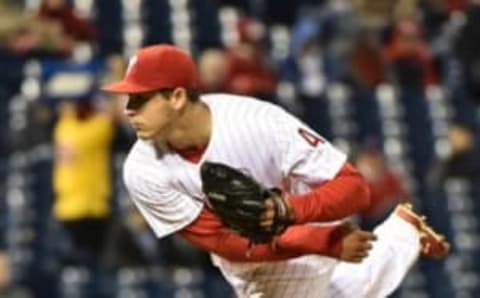 Apr 13, 2016; Philadelphia, PA, USA; Philadelphia Phillies starting pitcher Eickhoff (48) throw a pitch against the San Diego Padres at Citizens Bank Park. The Phillies defeated the Padres, 2-1. (Photo Credit: Eric Hartline-USA TODAY Sports)