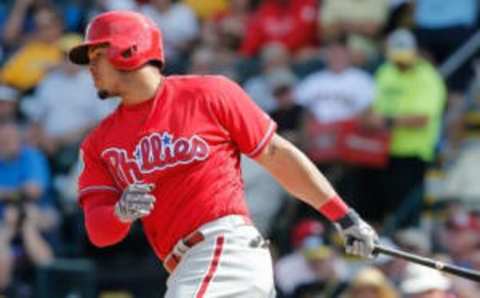 Mar 7, 2016; Bradenton, FL, USA; Philadelphia Phillies catcher Jorge Alfaro (68) bats during the seventh inning of a spring training baseball game against the Pittsburgh Pirates at McKechnie Field. The Phillies won 1-0. Mandatory Credit: Reinhold Matay-USA TODAY Sports