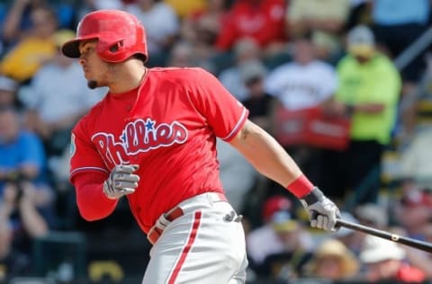 Mar 7, 2016; Bradenton, FL, USA; Philadelphia Phillies catcher Jorge Alfaro (68) bats during the seventh inning of a spring training baseball game against the Pittsburgh Pirates at McKechnie Field. The Phillies won 1-0. Mandatory Credit: Reinhold Matay-USA TODAY Sports