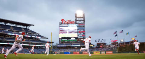 Apr 29, 2016; Philadelphia, PA, USA; The Philadelphia Phillies take the field to begin a game against the Cleveland Indians at Citizens Bank Park. (Photo Credit: Bill Streicher-USA TODAY Sports)