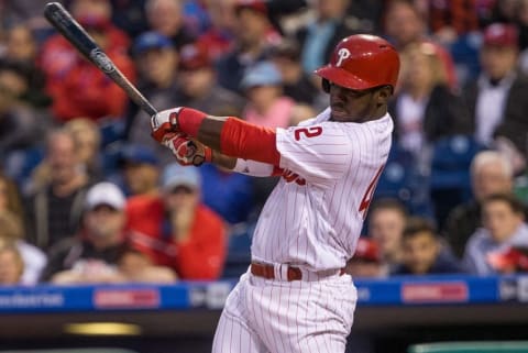 Apr 15, 2016; Philadelphia, PA, USA; Philadelphia Phillies center fielder Herrera hits a single during the first inning against the Washington Nationals at Citizens Bank Park. (Photo Credit: Bill Streicher-USA TODAY Sports)